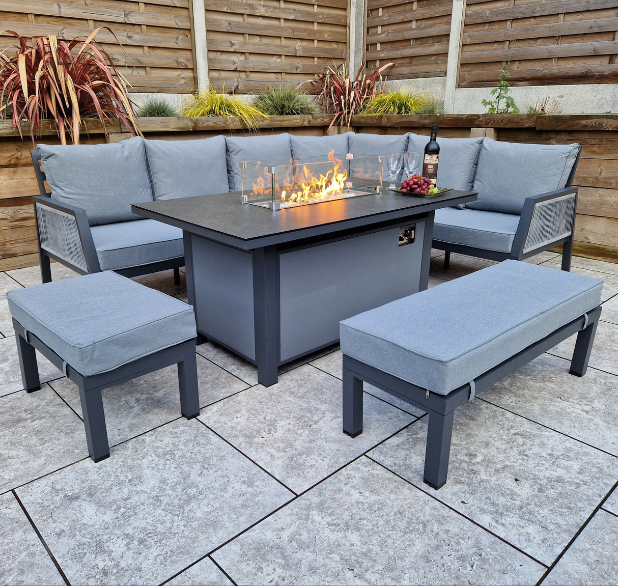 Signature Weave Bettina Gas Firepit Dining Set with L-Shape Sofa and 2 Benches
