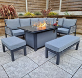 Signature Weave Bettina Gas Firepit Dining Set with L-Shape Sofa and 2 Benches
