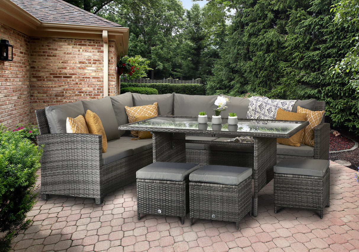 Signature Weave Charlotte Corner Sofa Dining Set with Glass Top Table and 3 Ottomans - Grey