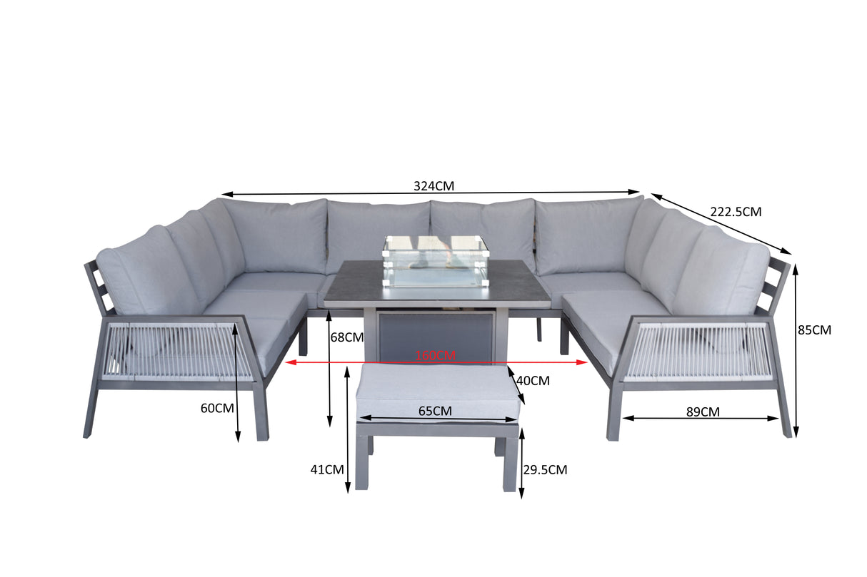 Signature Weave Bettina Gas Firepit Dining Set with U-Shape Sofa and Stool