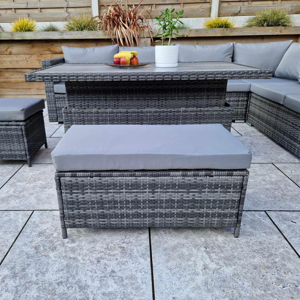 Signature Weave Catalina Modular Corner Sofa Dining Set with HPL Top Lift Table and 2 Ottomans