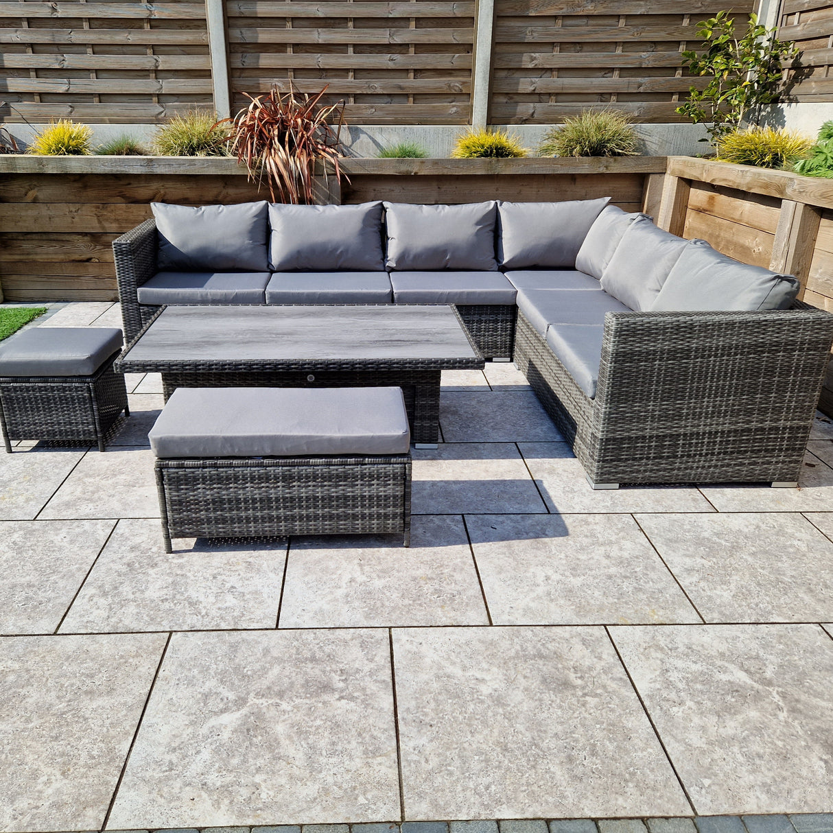 Signature Weave Catalina Modular Corner Sofa Dining Set with HPL Top Lift Table and 2 Ottomans
