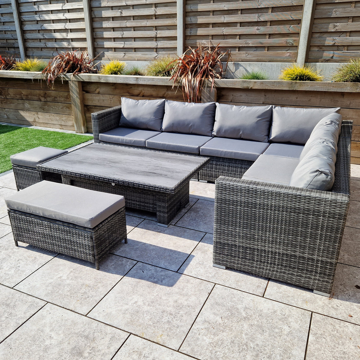 Signature Weave Catalina Modular Corner Sofa Dining Set with HPL Top Lift Table and 2 Ottomans