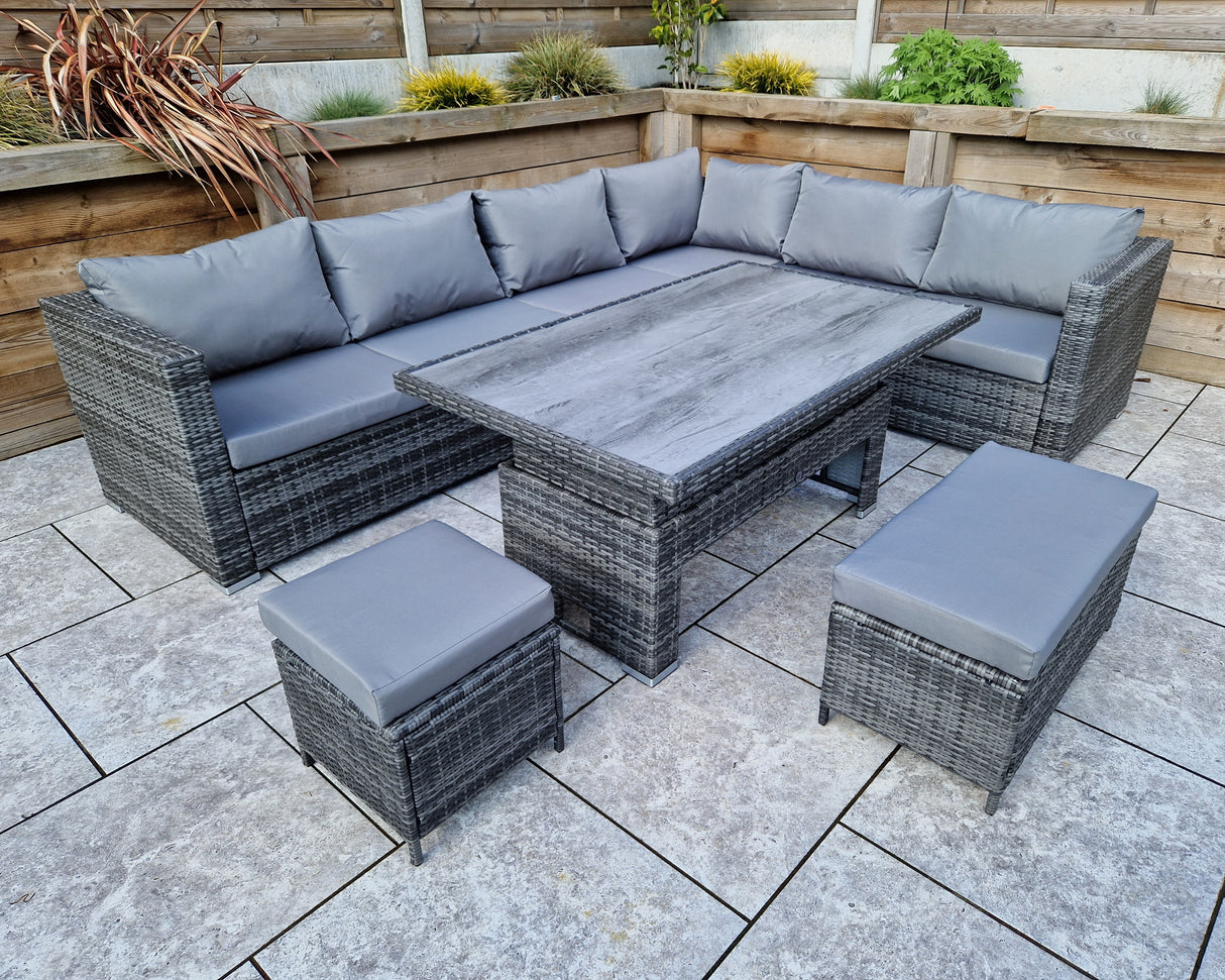 Signature Weave Catalina Modular Corner Sofa Dining Set with HPL Top Lift Table and 2 Ottomans