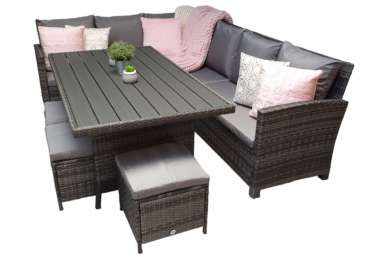 Signature Weave Charlotte Corner Sofa Dining Set with HDPE Wood Effect Table and 3 Ottomans