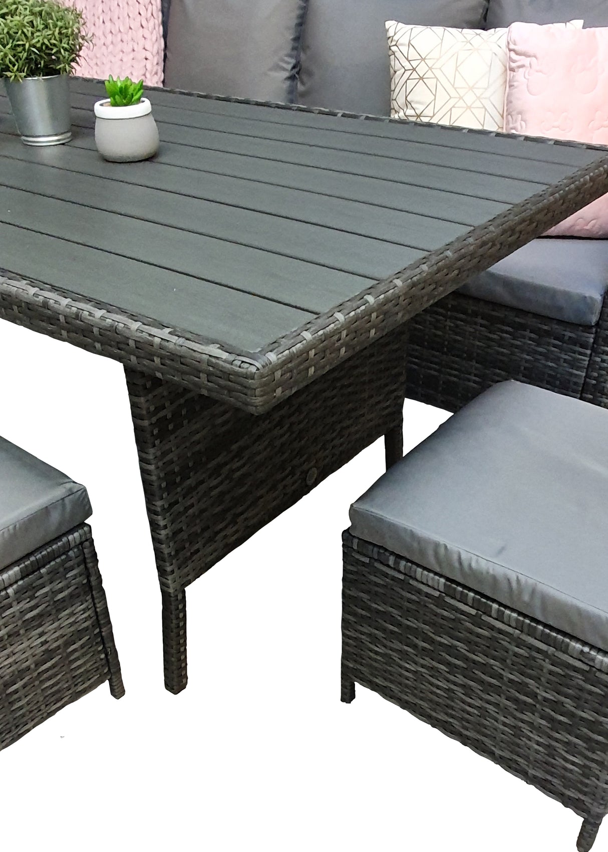 Signature Weave Charlotte Corner Sofa Dining Set with HDPE Wood Effect Table and 3 Ottomans