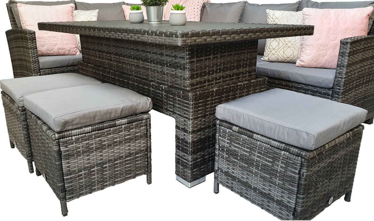 Signature Weave Charlotte Corner Sofa Dining Set with HDPE Wood Effect Lift Table and 3 Ottomans