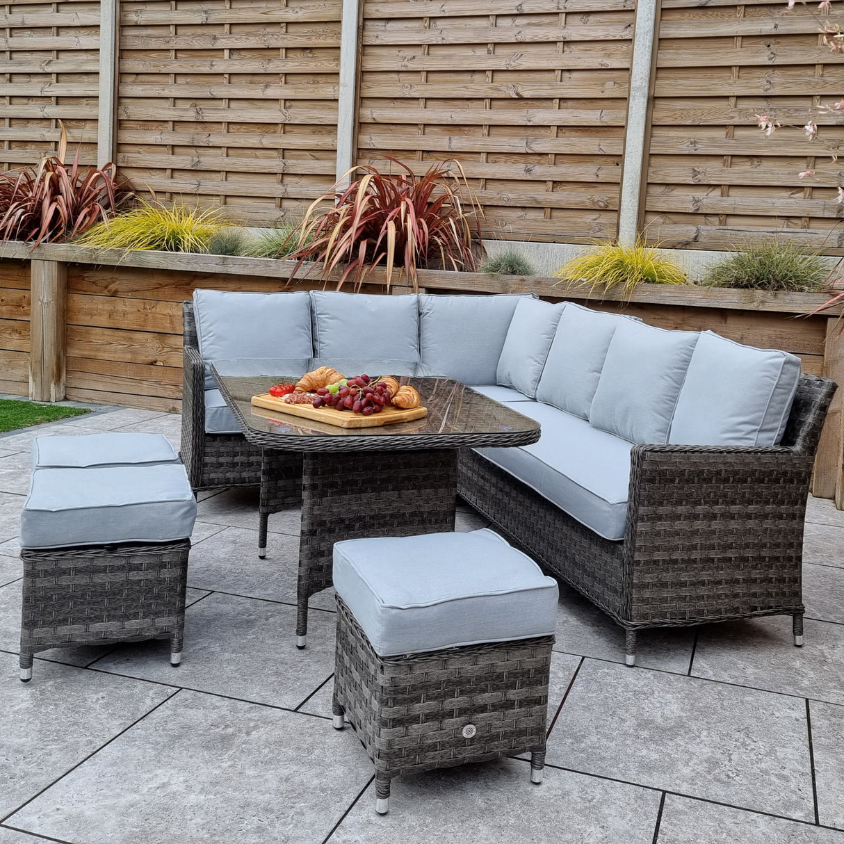 Signature Weave Edwina Corner Sofa Dining Set with Glass Top Table and 3 Ottomans - Multi Grey Wicker