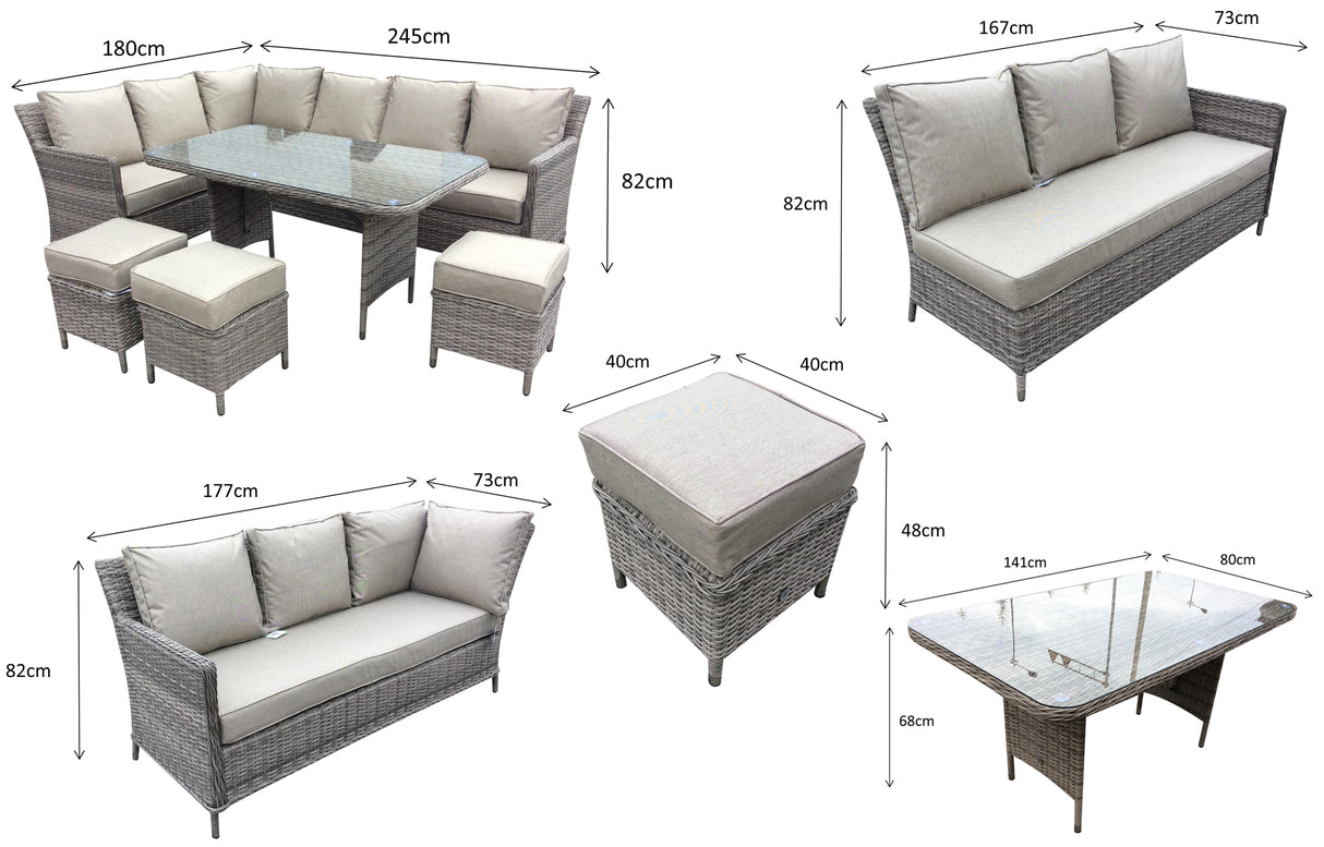 Signature Weave Edwina Corner Sofa Dining Set with Glass Top Table and 3 Ottomans - Multi Grey Wicker