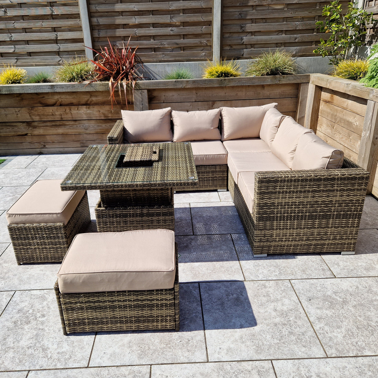 Signature Weave Georgia Corner Sofa Dining Set with Ice Bucket Glass Top Lift Table and 2 Ottomans - Nature/Brown
