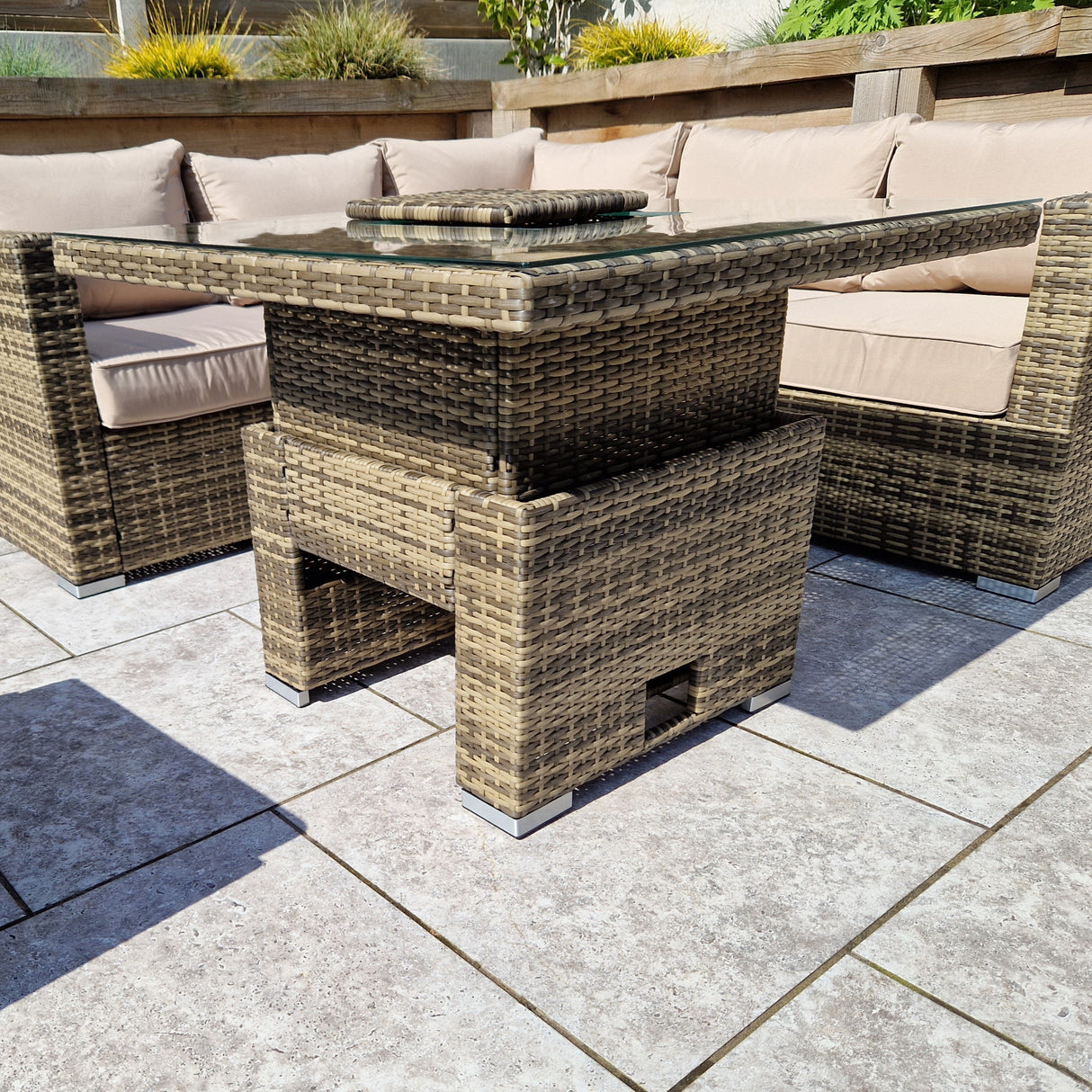 Signature Weave Georgia Corner Sofa Dining Set with Ice Bucket Glass Top Lift Table and 2 Ottomans - Nature/Brown