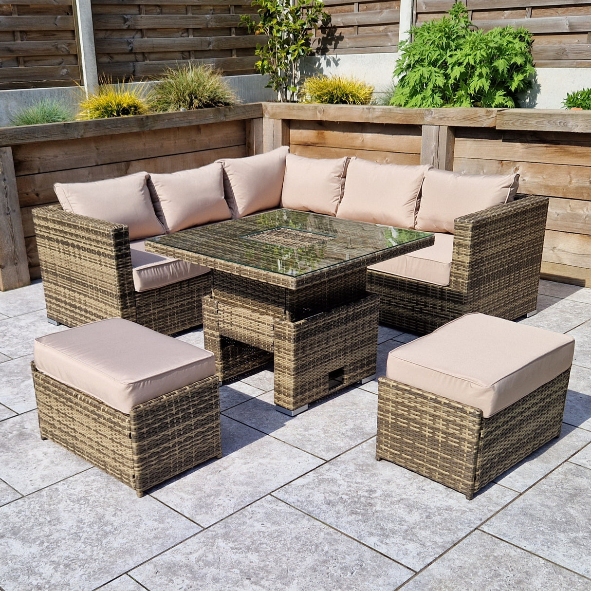 Signature Weave Georgia Corner Sofa Dining Set with Ice Bucket Glass Top Lift Table and 2 Ottomans - Nature/Brown
