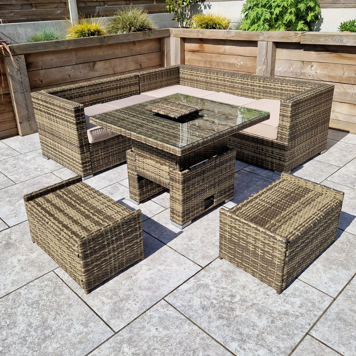 Signature Weave Georgia Corner Sofa Dining Set with Ice Bucket Glass Top Lift Table and 2 Ottomans - Nature/Brown