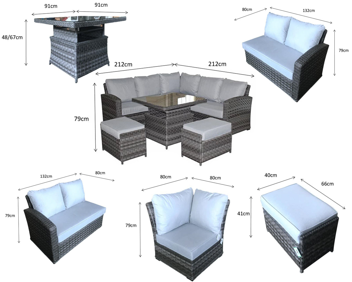 Signature Weave Grace Corner Sofa Dining Set with Glass Top Lift Table and 2 Ottomans