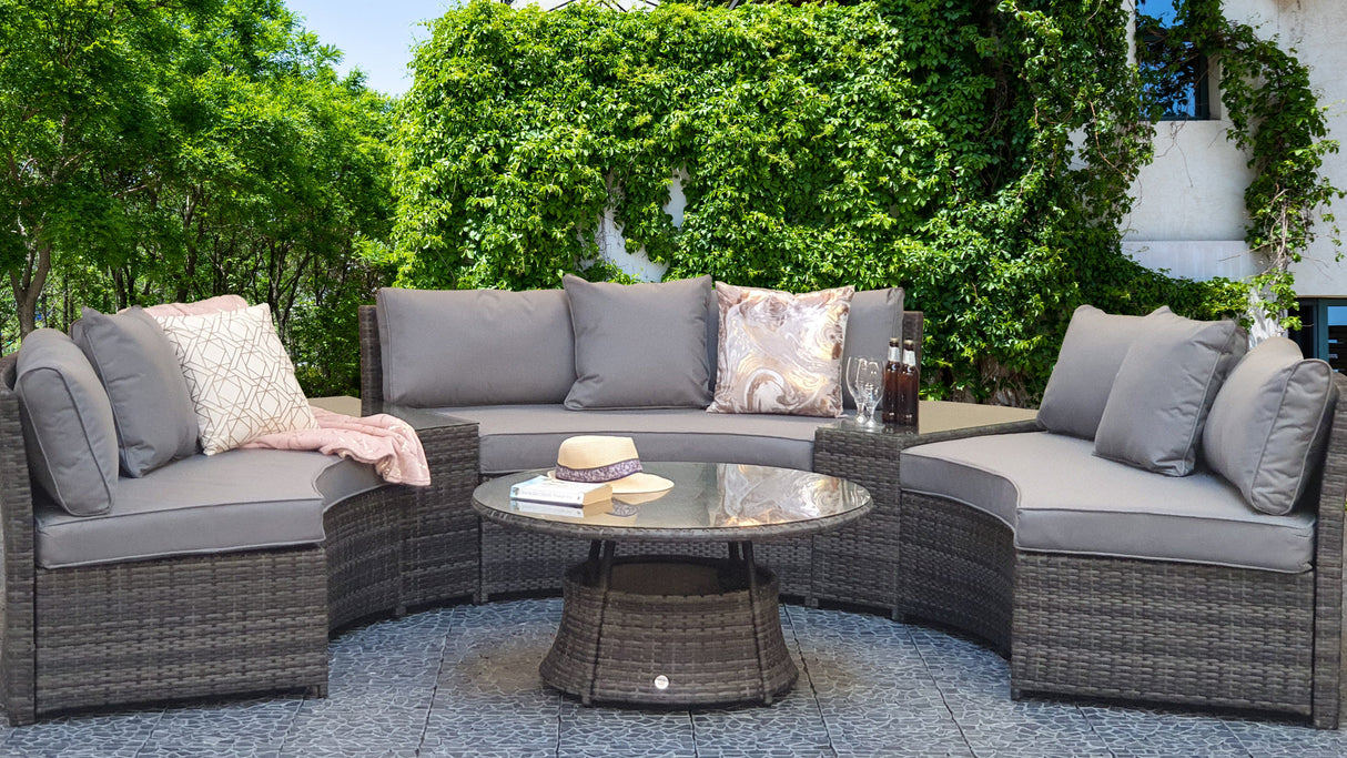 Signature Weave Juliet Half Moon Sofa Set with Glass Top Coffee Table and 2 Drinks Tables - Grey