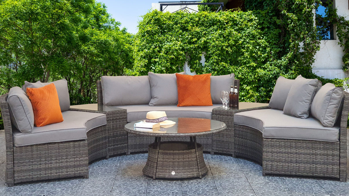 Signature Weave Juliet Half Moon Sofa Set with Glass Top Coffee Table and 2 Drinks Tables - Grey