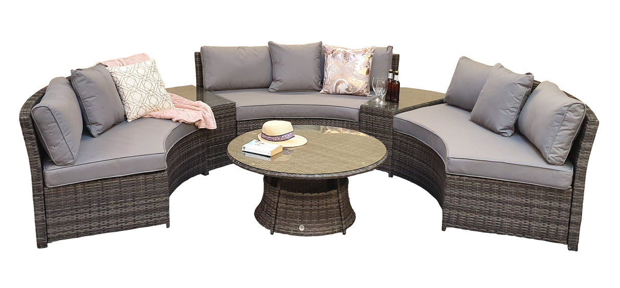 Signature Weave Juliet Half Moon Sofa Set with Glass Top Coffee Table and 2 Drinks Tables - Grey