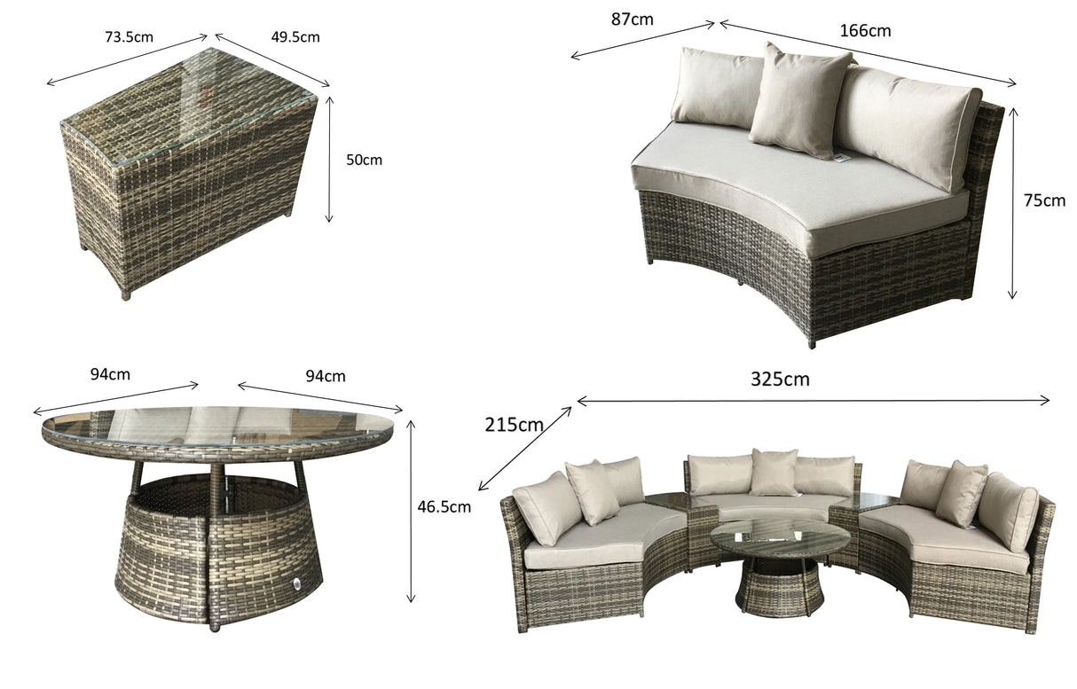 Signature Weave Juliet Half Moon Sofa Set with Glass Top Coffee Table and 2 Drinks Tables - Grey