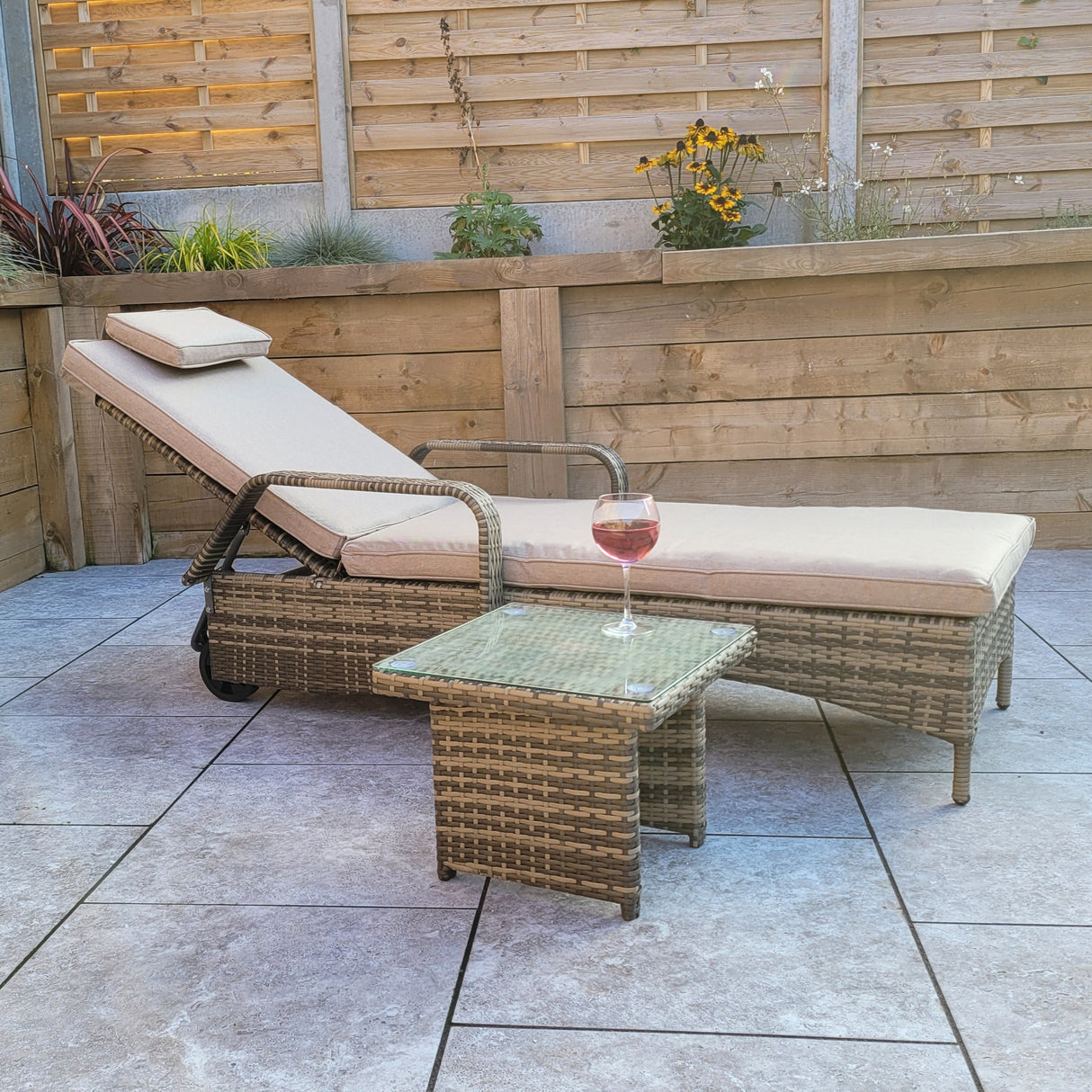 Signature Weave Savannah Single Sunbed with Glass Top Side Table - Nature Brown