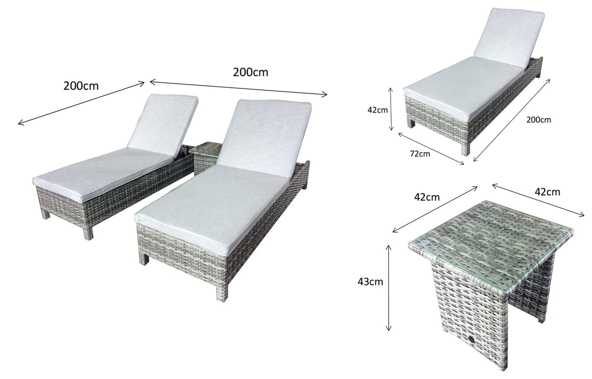 Signature Weave Sarena Sunbed Pair with Drinks Table - Grey Victoria Weave