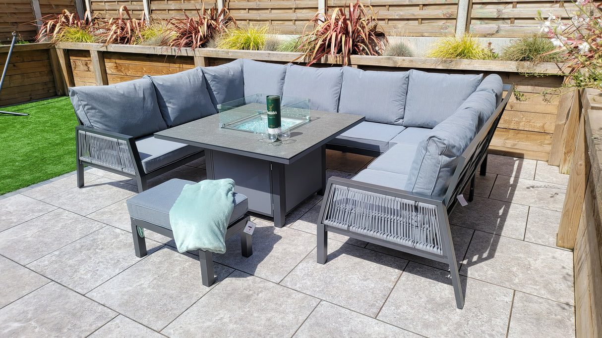 Signature Weave Bettina Gas Firepit Dining Set with U-Shape Sofa and Stool