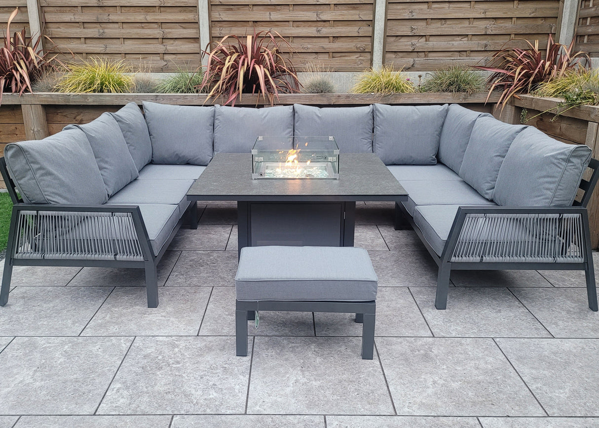Signature Weave Bettina Gas Firepit Dining Set with U-Shape Sofa and Stool