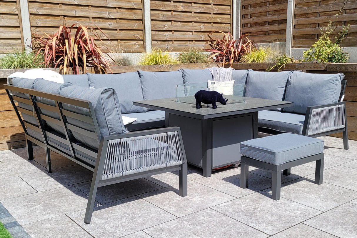 Signature Weave Bettina Gas Firepit Dining Set with U-Shape Sofa and Stool