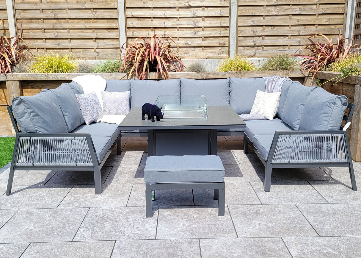 Signature Weave Bettina Gas Firepit Dining Set with U-Shape Sofa and Stool