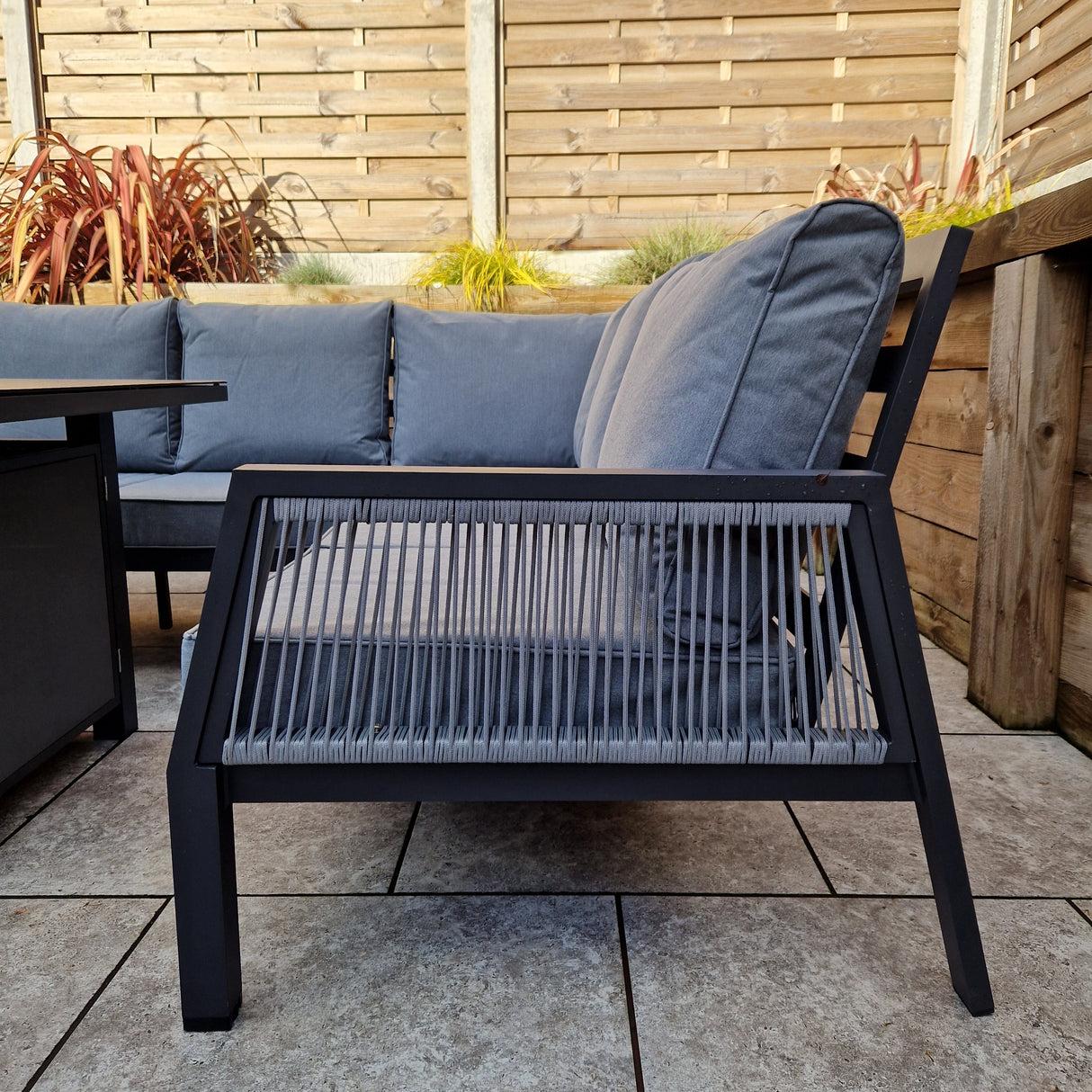 Signature Weave Bettina Gas Firepit Dining Set with L-Shape Sofa and 2 Benches