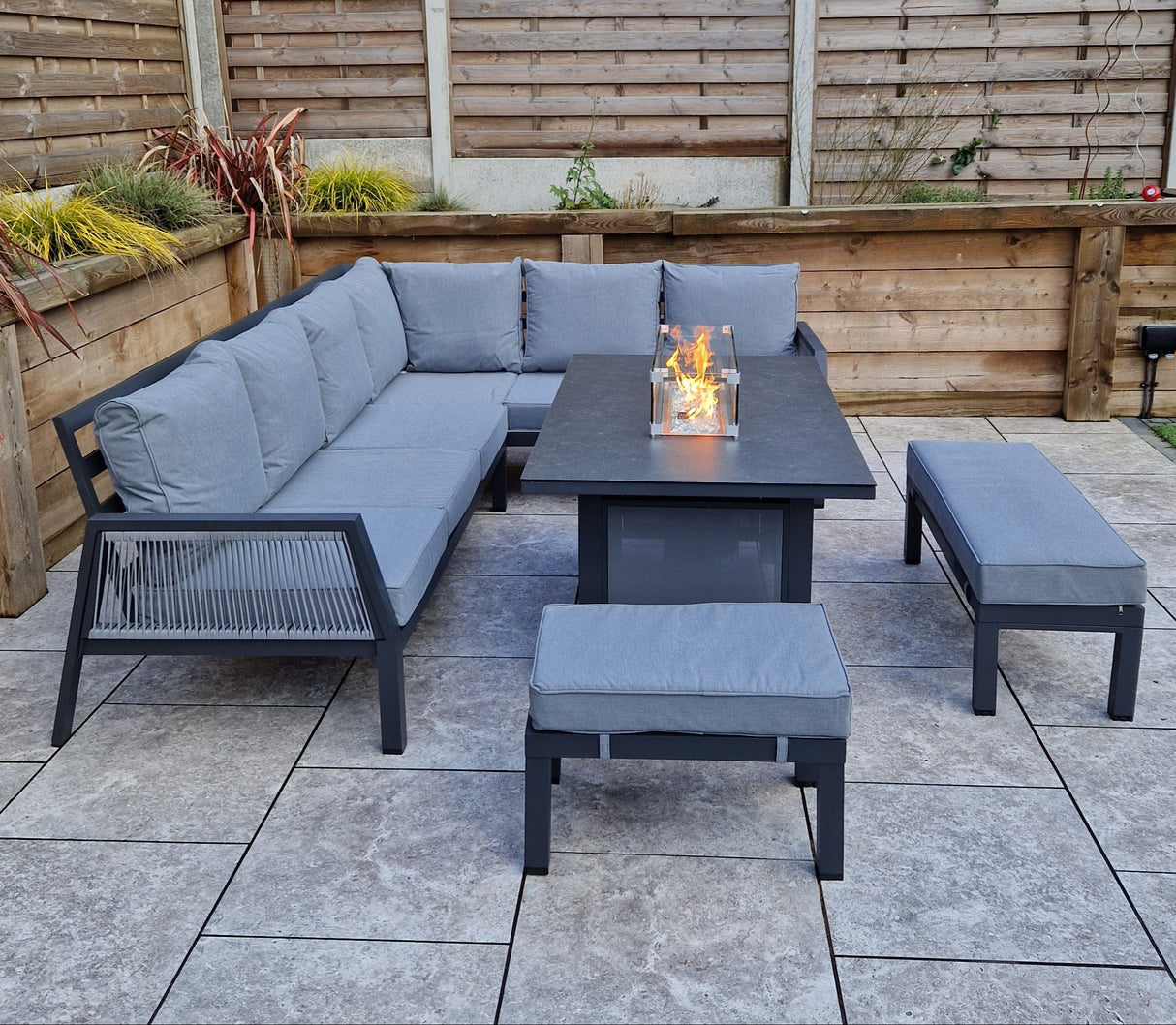 Signature Weave Bettina Gas Firepit Dining Set with L-Shape Sofa and 2 Benches