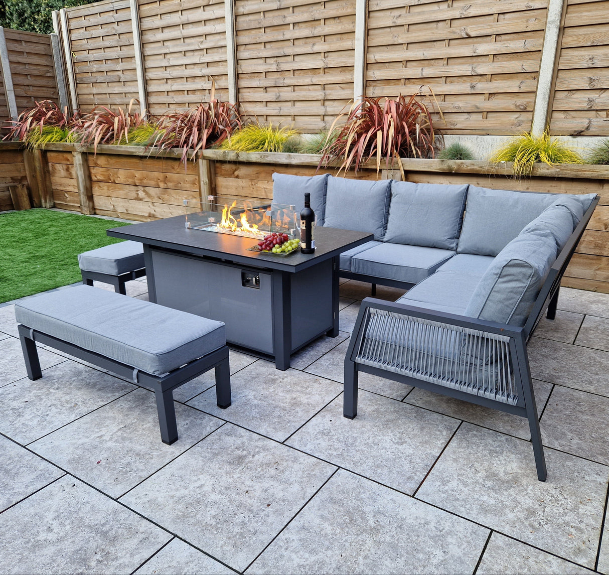 Signature Weave Bettina Gas Firepit Dining Set with L-Shape Sofa and 2 Benches