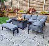 Signature Weave Bettina Gas Firepit Dining Set with L-Shape Sofa and 2 Benches