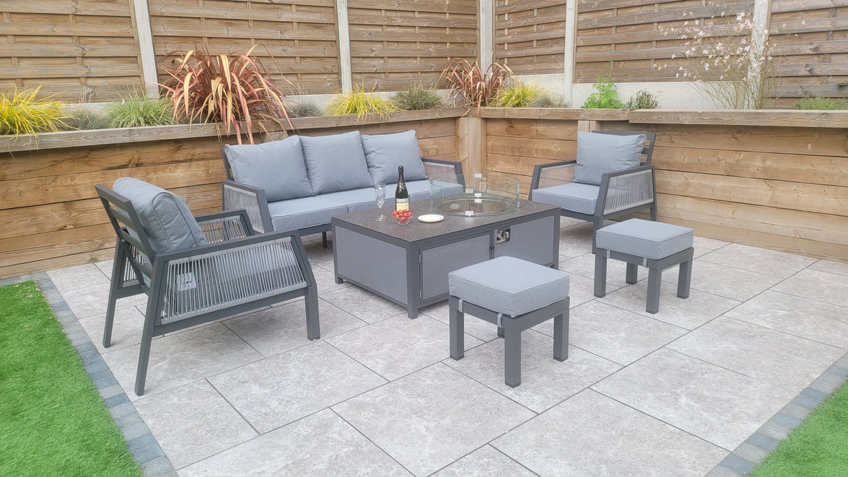 Signature Weave Bettina Gas Firepit Table Set with 3-Seat Sofa and 2 Armchairs