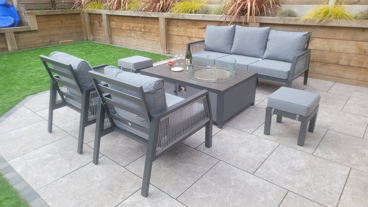 Signature Weave Bettina Gas Firepit Table Set with 3-Seat Sofa and 2 Armchairs