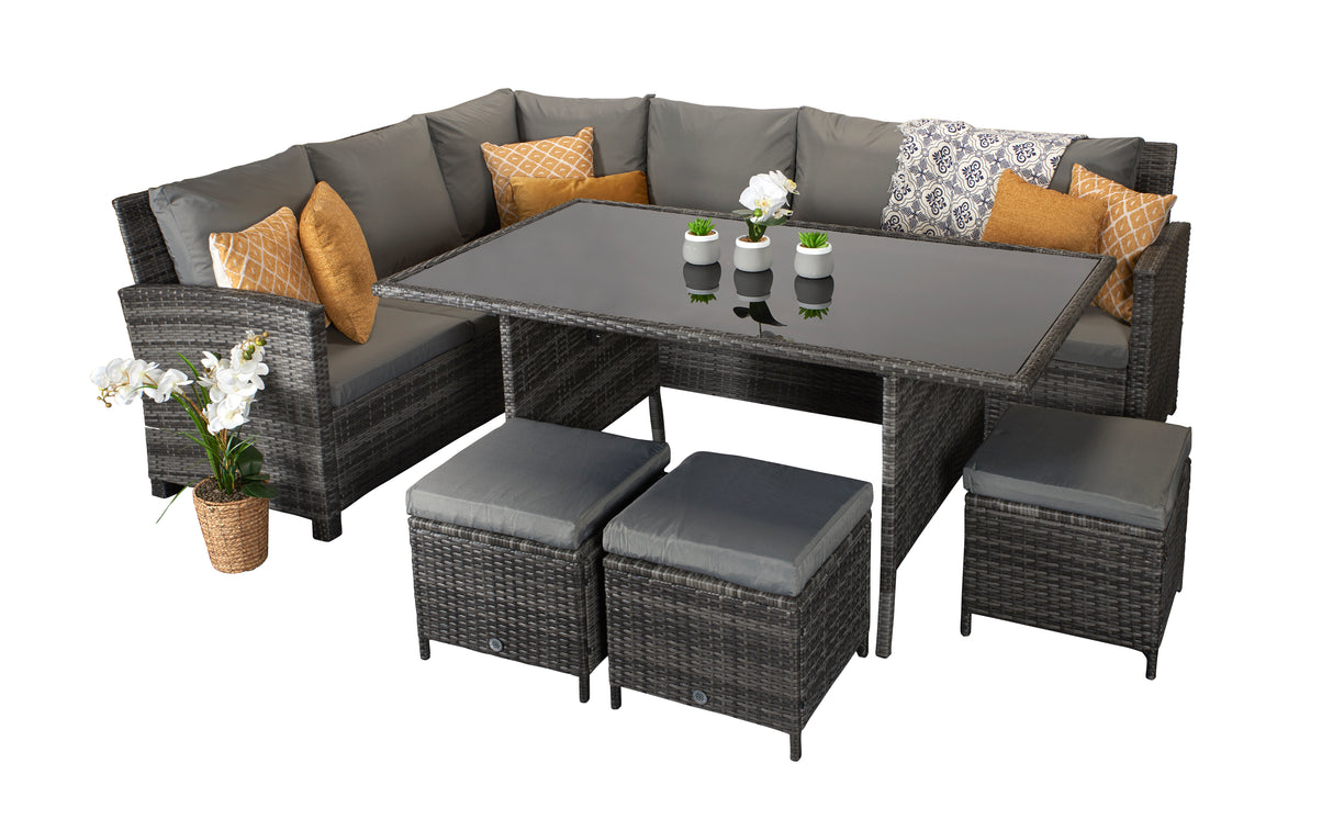 Signature Weave Charlotte Corner Sofa Dining Set with Glass Top Table and 3 Ottomans - Grey