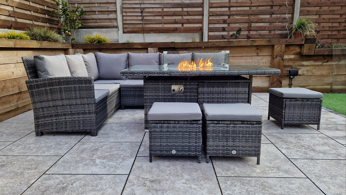 Signature Weave Charlotte Corner Sofa Dining Set with Firepit Table and 3 Ottomans