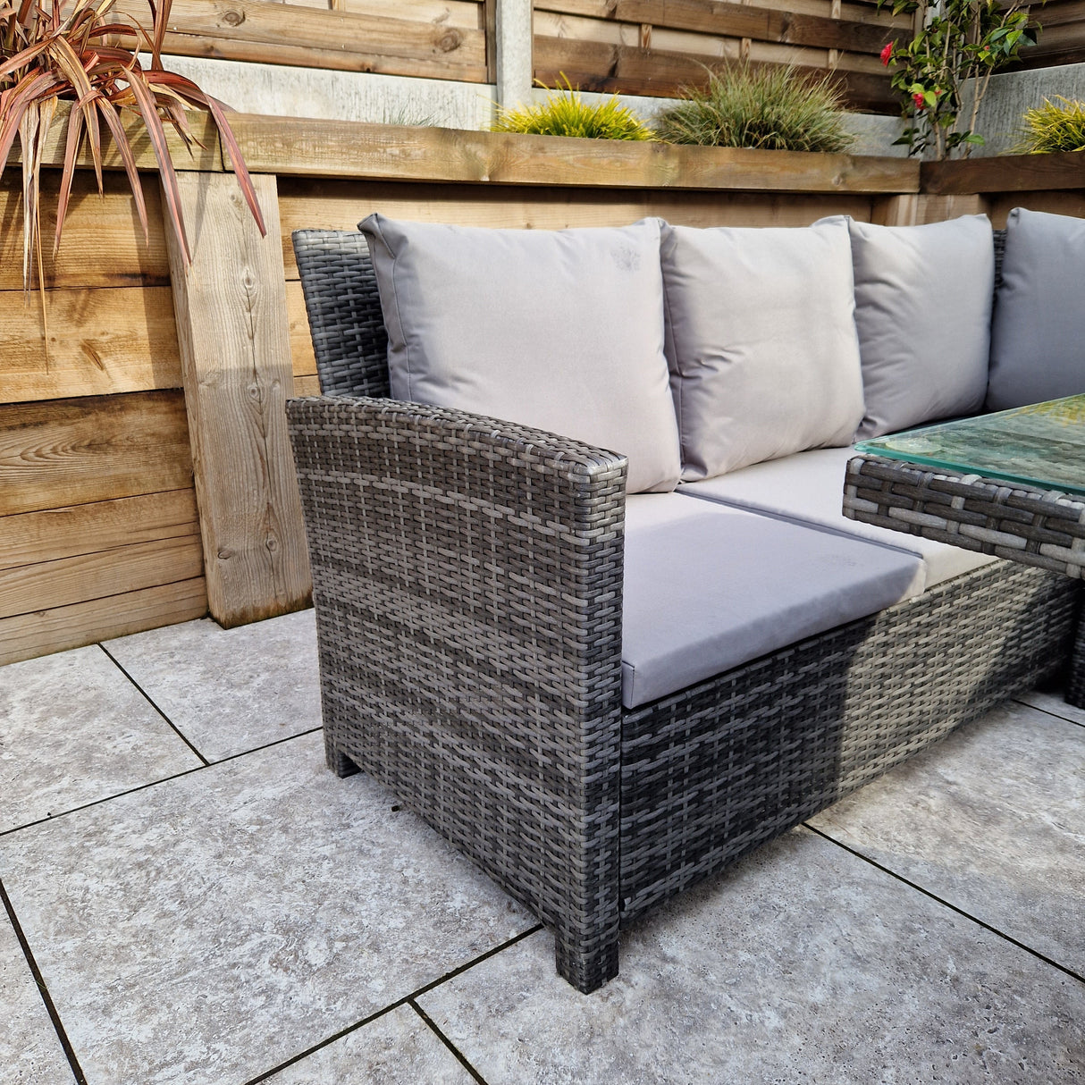 Signature Weave Charlotte Corner Sofa Dining Set with Firepit Table and 3 Ottomans