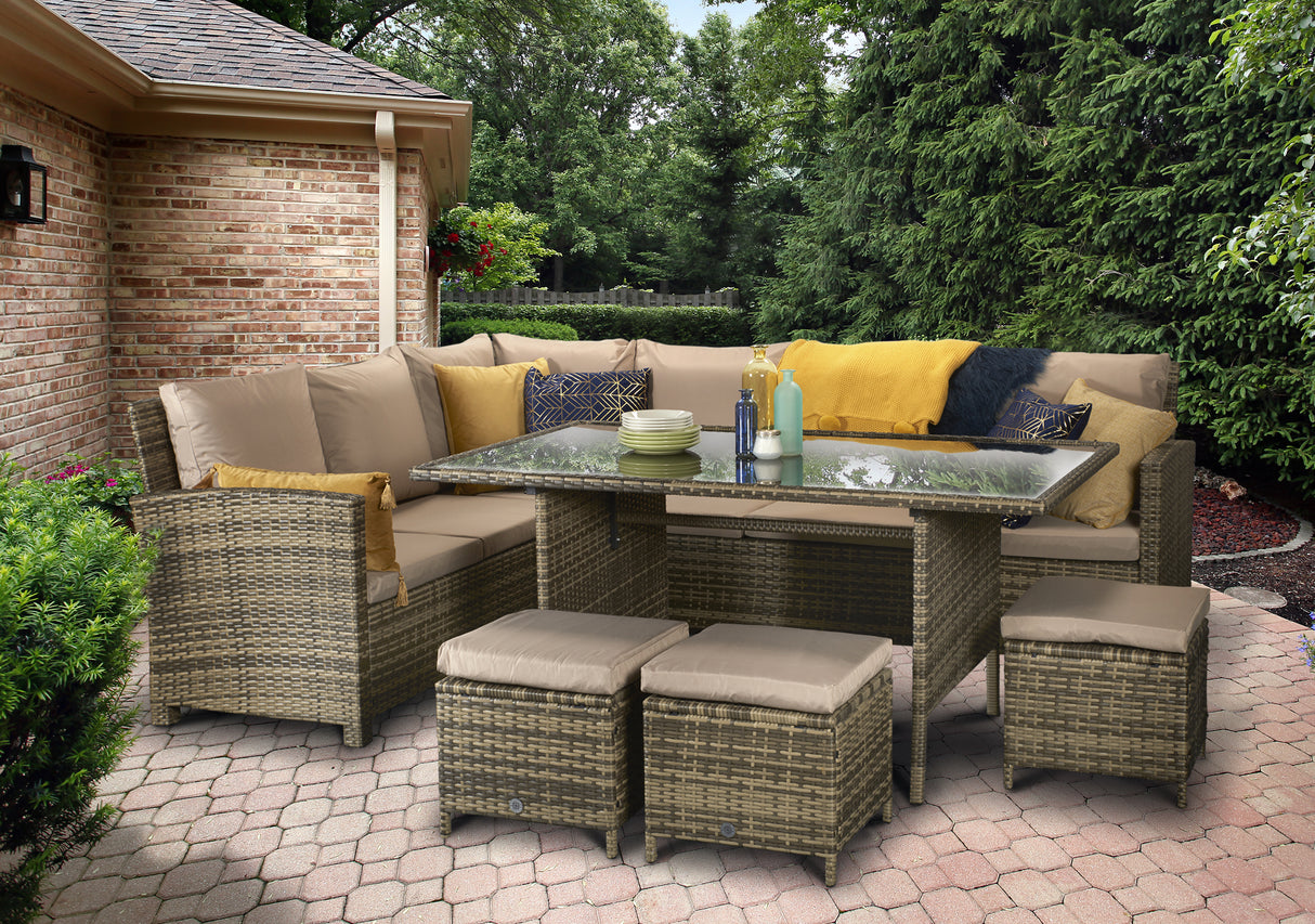 Signature Weave Charlotte Corner Sofa Dining Set with Glass Top Table and 3 Ottomans - Nature/Brown