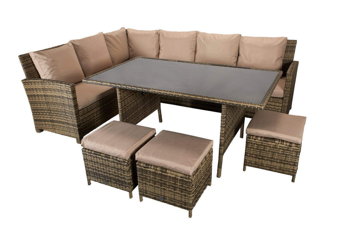 Signature Weave Charlotte Corner Sofa Dining Set with Glass Top Table and 3 Ottomans - Nature/Brown