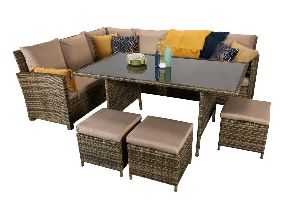 Signature Weave Charlotte Corner Sofa Dining Set with Glass Top Table and 3 Ottomans - Nature/Brown