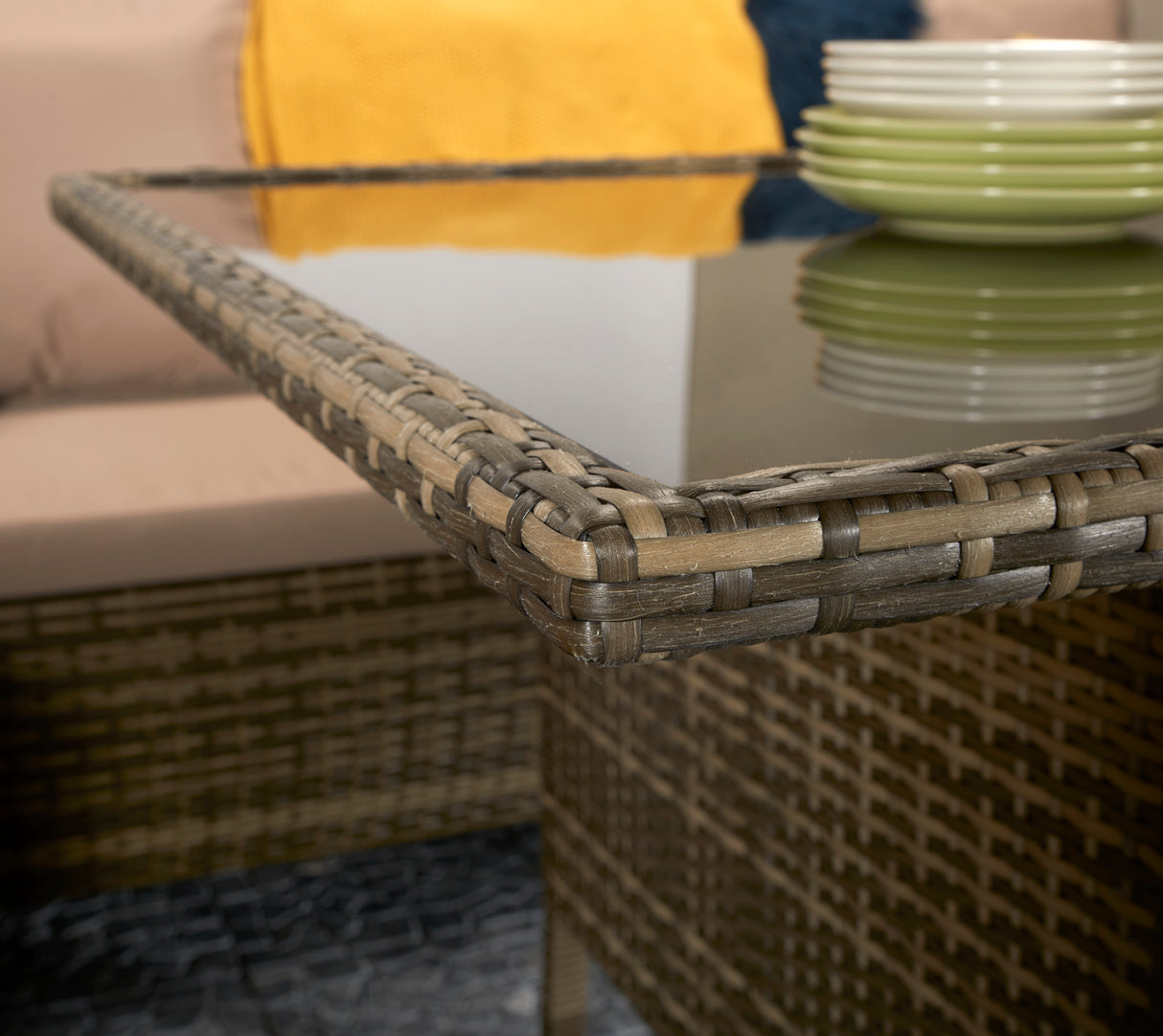 Signature Weave Charlotte Corner Sofa Dining Set with Glass Top Table and 3 Ottomans - Nature/Brown