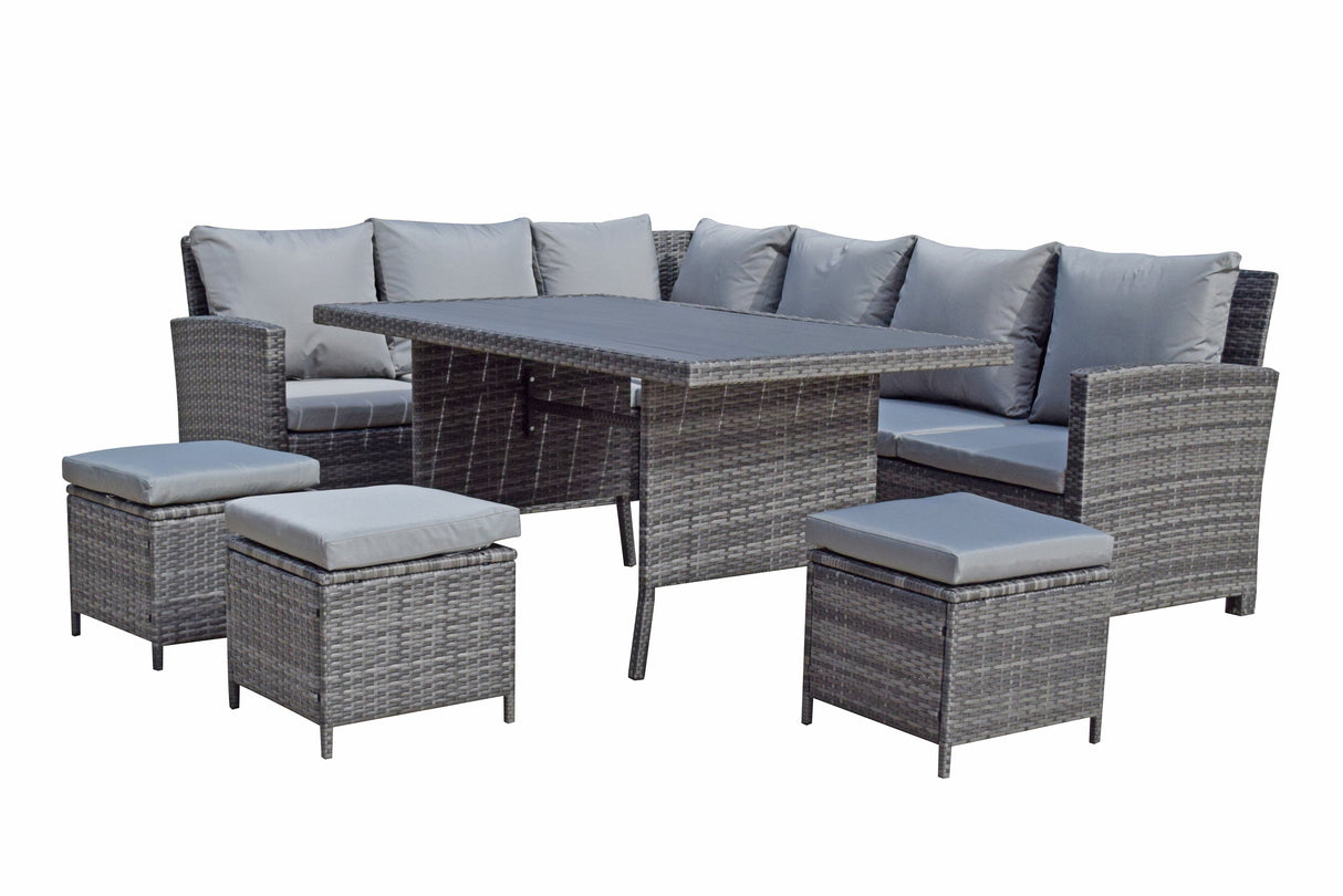 Signature Weave Charlotte Corner Sofa Dining Set with HDPE Wood Effect Table and 3 Ottomans