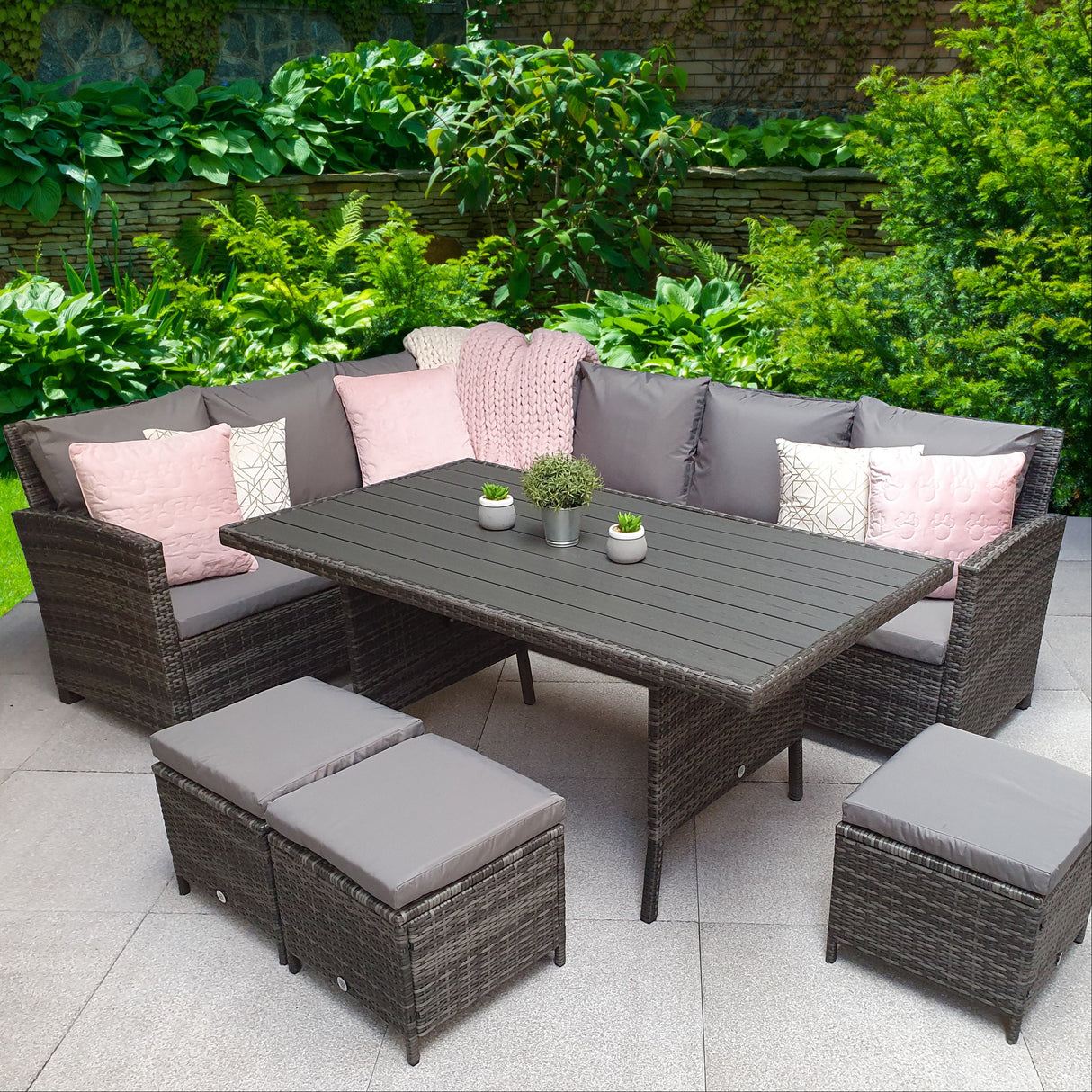 Signature Weave Charlotte Corner Sofa Dining Set with HDPE Wood Effect Table and 3 Ottomans