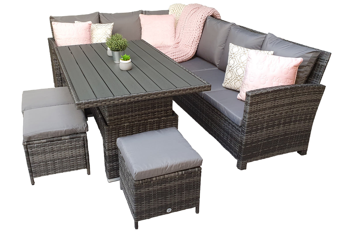 Signature Weave Charlotte Corner Sofa Dining Set with HDPE Wood Effect Lift Table and 3 Ottomans