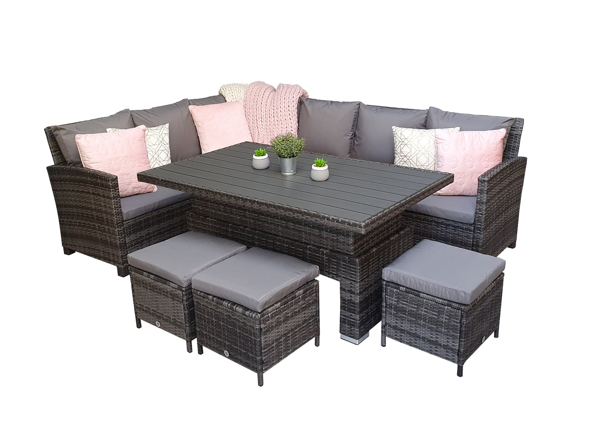 Signature Weave Charlotte Corner Sofa Dining Set with HDPE Wood Effect Lift Table and 3 Ottomans