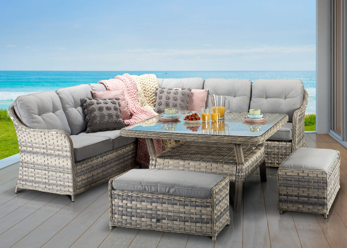 Signature Weave Constance Large Corner Sofa Dining Set with Glass Top Table and 2 Ottomans