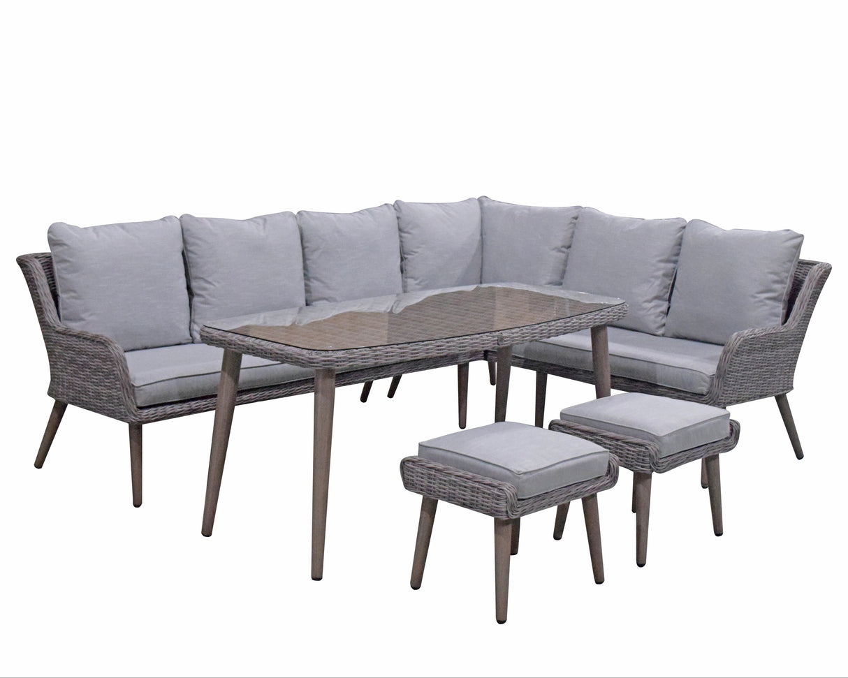 Signature Weave Danielle Corner Sofa Dining Set with Glass Top Table and 2 Ottomans