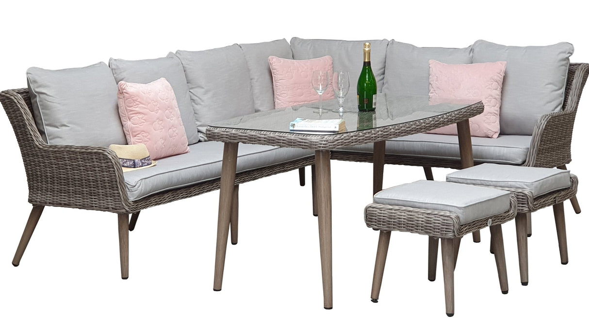 Signature Weave Danielle Corner Sofa Dining Set with Glass Top Table and 2 Ottomans