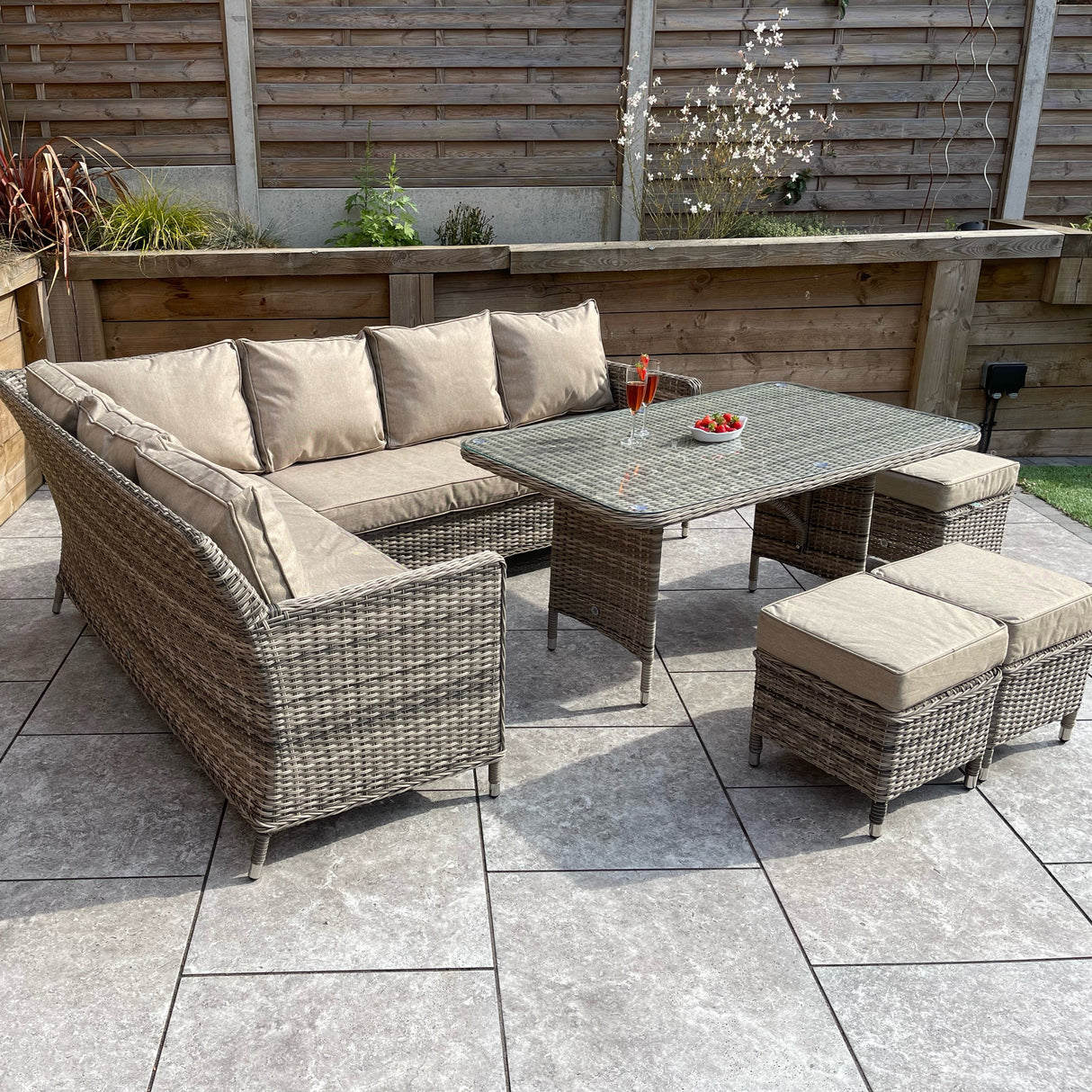 Signature Weave Edwina Corner Sofa Dining Set with Glass Top Table and 3 Ottomans - Mixed Nature Weave