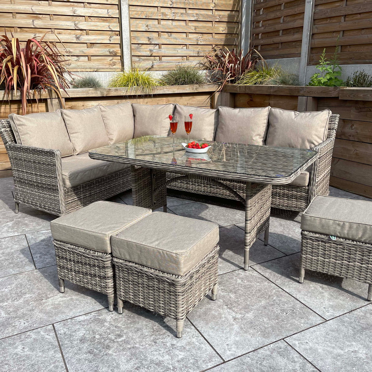 Signature Weave Edwina Corner Sofa Dining Set with Glass Top Table and 3 Ottomans - Mixed Nature Weave